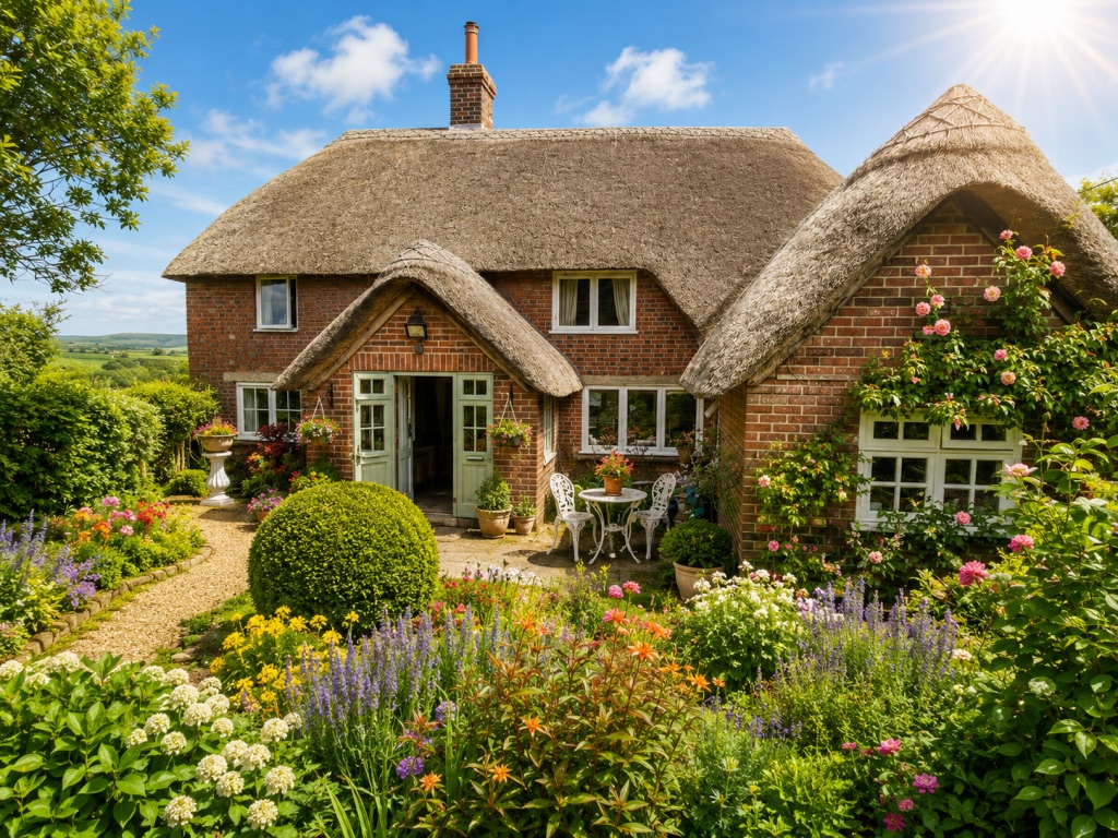 A thatched red-brick cottage with a chimney stack, climbing roses and a cottage garden in full bloom
